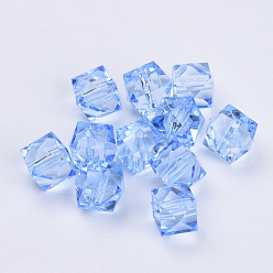 Bleu Acier Clair Perles acryliques transparentes, facette, cube, bleu acier clair, 10x10x8mm, trou: 1.5 mm, environ 900 pcs / 500 g