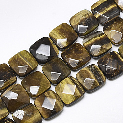 Tiger Eye Natural Tiger Eye Beads Strands, Faceted, Square, 12x12x4.5~5mm, Hole: 1mm, about 17pcs/strand, 8.0''