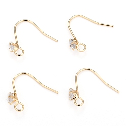 Real 14K Gold Plated Brass Earring Hooks, Ear Wire, with Clear Cubic Zirconia and Horizontal Loop, Long-Lasting Plated, Real 14K Gold Plated, 16mm, 20 Gauge, Pin: 0.8mm