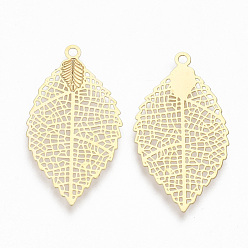 Real 18K Gold Plated Brass Pendants, Filigree Findings, Leaf, Real 18K Gold Plated, 27x15x0.2mm, Hole: 1.2mm