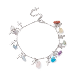 Mixed Stone Natural & Synthetic Mixed Gemstone Chips & Cross Charms Anklet, 304 Stainless Steel Jewelry for Women, 9~9-1/8 inch(22.8~23cm)