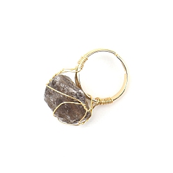 Cuarzo Ahumado Anillos ajustables con pepitas de cuarzo ahumado natural, anillo envolvente de alambre de cobre dorado, diámetro interior: 19 mm