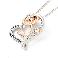 Platinum & Rose Gold Clear Cubic Zirconia Heart with Rose Pendant Necklace, Two Tone Brass Jewelry for Women, Platinum & Rose Gold, Pedants: 23x21x8mm, 15.94 inch(40.5cm)