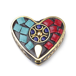 Colorful Handmade Indonesia Beads, with Brass Findings, Heart, Golden, Colorful, 28x31.5x9mm, Hole: 2mm