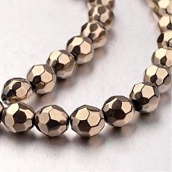 Antique Bronze Plated Electroplate Non-magnetic Synthetic Hematite Bead Strands, Faceted, Round, Antique Bronze Plated, 8x8mm, Hole: 1mm, about 49pcs/strand, 15.7 inch