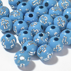 Cornflower Blue Plating Acrylic Beads, Round with Cross, Cornflower Blue, 8mm, 1800pcs/bag