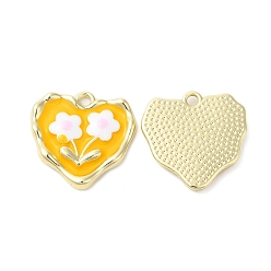 Orange Alloy Eanmel Pendants, Heart with Flower Charm, Golden, Orange, 18x18x2.5mm, Hole: 1.6mm