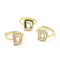 Letter D Mixed Color Enamel Initial Letter Adjustable Ring with Clear Cubic Zirconia, Real 18K Gold Plated Brass Jewelry for Women, Cadmium Free & Lead Free, Letter.D, US Size 5 1/4(16mm), Letter.D: 13x10.5mm