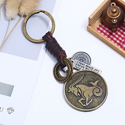 Capricorn Punk Style Woven Flat Round with 12 Constellation Leather Keychain, for Car Key Pendant, Capricorn, 11cm
