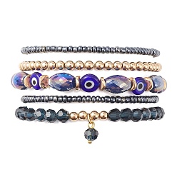 Prussian Blue 5Pcs 5 Style Glass & Lampwork Evil Eye Stretch Bracelets Set, Stackable Bracelet with Round Charms, Prussian Blue, Inner Diameter: 2-3/8 inch(5.9cm), 1Pc/style