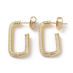 Real 18K Gold Plated Rectangle Brass Cubic Zirconia Stud Earrings, Half Hoop Earrings, Long-Lasting Plated, Lead Free & Cadmium Free, Real 18K Gold Plated, 25x14x3mm