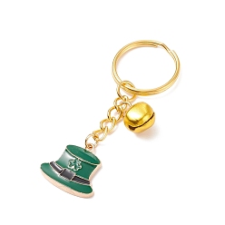 Golden St.Patrick's Day Hat with Clover Alloy Enamel Charms Keychains, Aluminum Bell Keychains, with Iron Findings, Golden, 7.2cm