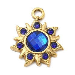 Blue Real 18K Gold Plated 304 Stainless Steel Pendants, with Glass, Sun Charms, Blue, 24.5x20.5x5~6mm, Hole: 2.5mm
