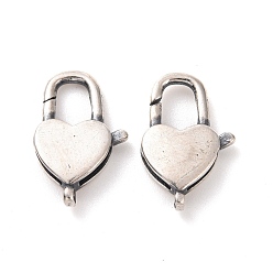Antique Silver 925 Sterling Silver Lobster Claw Clasps, Heart Padlock, Antique Silver, 13.5x8x3~3.5mm, Hole: 0.9mm, Inner Diameter: 3x5mm