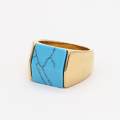 Golden Rectangle Synthetic Turquoise Finger Ring, Golden Titanium Steel Jewelry, Golden, Inner Diameter: 19mm