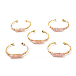Rose Quartz Natural Rose Quartz Triple Column Beaded Open Cuff Bangle, Wire Wrape Brass Jewelry for Women, Golden, Inner Diameter: 2-1/8 inch(5.45~5.55cm)