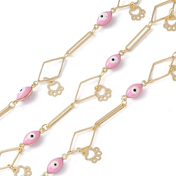 Pink Enamel Horse Eye & Oval & Rhombus Link Chains, with Brass Paw Print Chamrs, Real 18K Gold Plated, Soldered, with Spools, Pink, 15x2.5x0.7mm, 16x9x0.9mm, 13x5x4.3mm