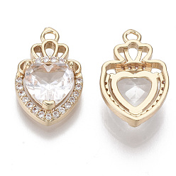 Clear Glass Pendants, with Micro Pave Cubic Zirconia and Brass Open Back Settings, Faceted, Heart with Crown, Light Gold, Clear, 17.5x11.5x5.5mm, Hole: 1.4mm