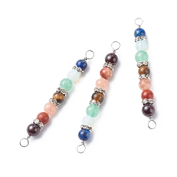 Silver 7 Chakra Mixed Gemstone Copper Wire Wrapped Connector Charms, Gems Crystal Rhinestone Round Link, Silver, 61.5x6.5mm, Hole: 3.5mm