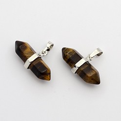 Tiger Eye Natural Tiger Eye Double Terminated Pointed Pendants, with Platinum Plated Brass Findings, Bullet, 15.5x30~35x8~9mm, Hole: 5x7.5mm