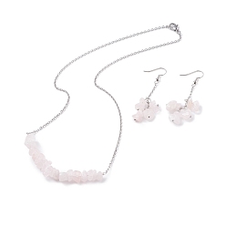 Rose Quartz Natural Rose Quartz Chips Beaded Jewelry Set, Gemstone Pendant Necklace & Cluster Dangle Earrings with 304 Stainless Steel Cable Chains for Women, Stainless Steel Color, 60mm, Pin: 0.6mm,19.29 inch(49cm)