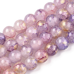 Plum Baking Painted Crackle Glass Bead Strands, with Gold Powder, Round, Plum, 10mm, Hole: 1.4mm, about 80pcs/strand, 30.87 inch(78.4cm)