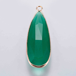 Green Glass Pendants, with Brass Finding, Faceted, teardrop, Golden, Green, 43x14x5.5mm, Hole: 2mm