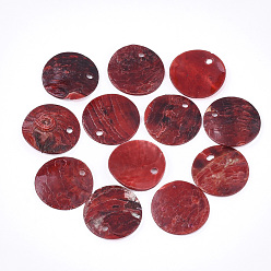 Rouge Peinture en aérosol pendentifs shell akoya naturel, pendentifs en nacre, plat rond, rouge, 15x1~3mm, Trou: 1.1~1.5mm