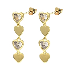 Clear Cubic Zirconia Heart Dangle Stud Earrings, Real 18K Gold Plated Brass Drop Earrings, Lead Free & Cadmium Free, Clear, 31x8mm