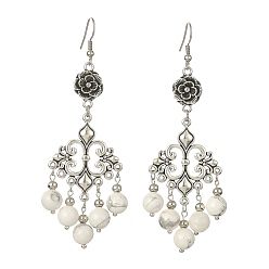 Howlite Boucles d'oreilles pendantes en perles de howlite naturelle, Boucles d'oreilles lustre en alliage ross pour femmes, 90x29mm