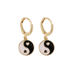 Negro Aretes colgantes de aleación de esmalte yin yang, joyas de latón chapado en oro para mujer., negro, 28x11.5 mm