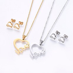 Mixed Color 304 Stainless Steel Jewelry Sets, Stud Earrings and Pendant Necklaces, Heart with Word Love, For Valentine's Day, Mixed Color, Necklace: 17.7 inch(45cm), Stud Earrings: 9.5x9.5x1.2mm, Pin: 0.8mm