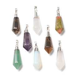 Mixed Stone Mixed Gemstone Pendants, with Silver Brass Findings, Faceted, Bullet, 40x12x11mm, Hole: 7x5mm