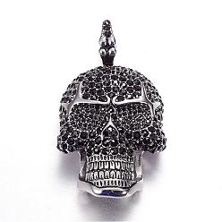 Antique Silver 316 Surgical Stainless Steel Big Pendants, with Rhinestones, Skull, Antique Silver, 62.5x34x15mm, Hole: 12mm
