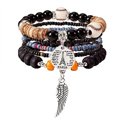 Black 5Pcs 5 Style Wood & Glass Seed & Acrylic Beaded Stretch Bracelets Set with Baseball, Bohemian Stackable Bracelets with Alloy Wings & Pairs Charm for Women, Black, 7-1/8 inch(18cm), 1Pc/style