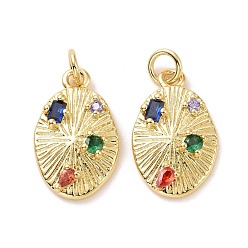 Real 18K Gold Plated Oval Brass Micro Pave Colorful Cubic Zirconia Pendants, with Jump Rings, Cadmium Free & Lead Free, Real 18K Gold Plated, 18x11.5x3.5mm, Hole: 3.4mm