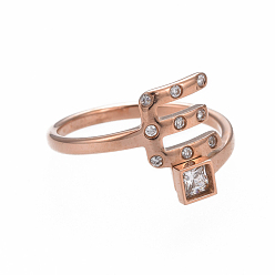 Letter E (Jewelry Parties Factory Sale)304 Stainless Steel Finger Rings, with Rhinestone, Initial Letter E & Square, Crystal, Rose Gold, Size 6~9, 16~19mm