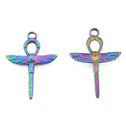 Rainbow Color Ion Plating(IP) 201 Stainless Steel Pendants, Ankh Cross with Wing, Rainbow Color, 30.5x21.5x2.5mm, Hole: 2.5mm