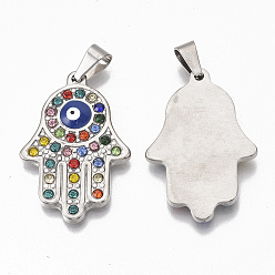 Stainless Steel Color 304 Stainless Steel Pendants, with Colorful Rhinestone,Iron Snap On Bails and Enamel, Hamsa Hand/Hand of Fatima/Hand of Miriam with Evil Eye, Stainless Steel Color, 38x25x4mm, Hole: 5x7mm