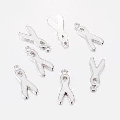 White Alloy Enamel Pendants, Lead Free and Cadmium Free, Awareness Ribbon, Platinum Metal Color, White, 19x8x1mm, Hole: 2mm