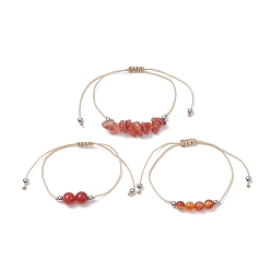 Red Agate 3 pcs 3 ensemble de bracelets de perles tressées en agate rouge naturelle de style, bracelets réglables en fil de nylon pour femmes, diamètre intérieur: 3-3/8 pouce (8.5 cm), 1 pc / style