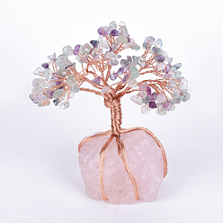 Fluorite Natural Fluorite Chips and Rose Quartz Pedestal Display Decorations, Healing Stone Tree, for Reiki Healing Crystals Chakra Balancing, with Rose Gold Tone Aluminum Wires, Lucky Tree, 120~150x65~80x52~72mm