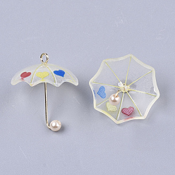 Colorful Printed Acrylic Pendants, ABS Plastic Imitation Pearl and Golden Plated Brass Loops, 3D Umbrella with Heart Pattern, Colorful, 20~21x20x20mm, Hole: 1.6mm