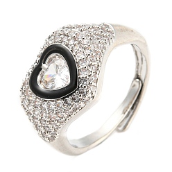 Negro Anillo ajustable con corazón esmaltado y circonita cúbica transparente, anillo de latón platino, sin plomo y el cadmio, negro, diámetro interior: 17.6 mm