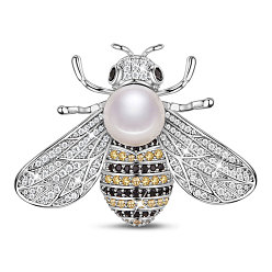 Platinum SHEGRACE Brass Brooch, with Grade AAA Cubic Zirconia and Pearl, Bees, Platinum, 39.3x30mm