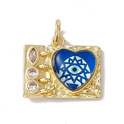 Royal Blue Brass Micro Pave Clear Cubic Zirconia Pendants, Rectangle with Heart Charm, with Eye Resin and Jump Rings, Lead Free & Cadmium Free, Real 18K Gold Plated, Royal Blue, 16x18.5x4.5mm, Hole: 4mm