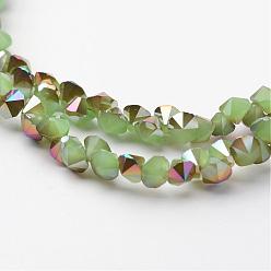 Light Green Electroplate Glass Bead Strands, Imitation Jade, Half Plated, Diamond, Light Green, 4x4mm, Hole: 1mm, about 143pcs/strand, 11.8 inch