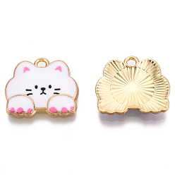 Pearl Pink Rack Plating Printed Alloy Pendants, Cadmium Free & Nickel Free & Lead Free, Light Gold, Cat, Pearl Pink, 16x18.5x2.5mm, Hole: 1.6mm