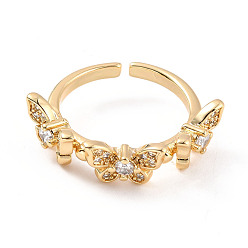 Настоящее золото 18K Открытое кольцо-манжета с тройной бабочкой из прозрачного кубического циркония, украшения из латуни для женщин, без кадмия и без свинца, реальный 18 k позолоченный, размер США 6 1/2 (16.9 мм)