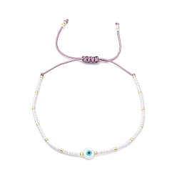 Lavande Bracelet réglable en perles miyuki graine et résine mauvais œil tressé pour femme, lavande, diamètre intérieur: 1-3/4~2-3/4 pouce (4.4~7.1 cm)